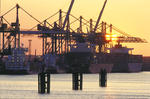 Foto, Bild: Containerschiffe am Eurogate Container Terminal Hamburg vor untergehender Sonne
